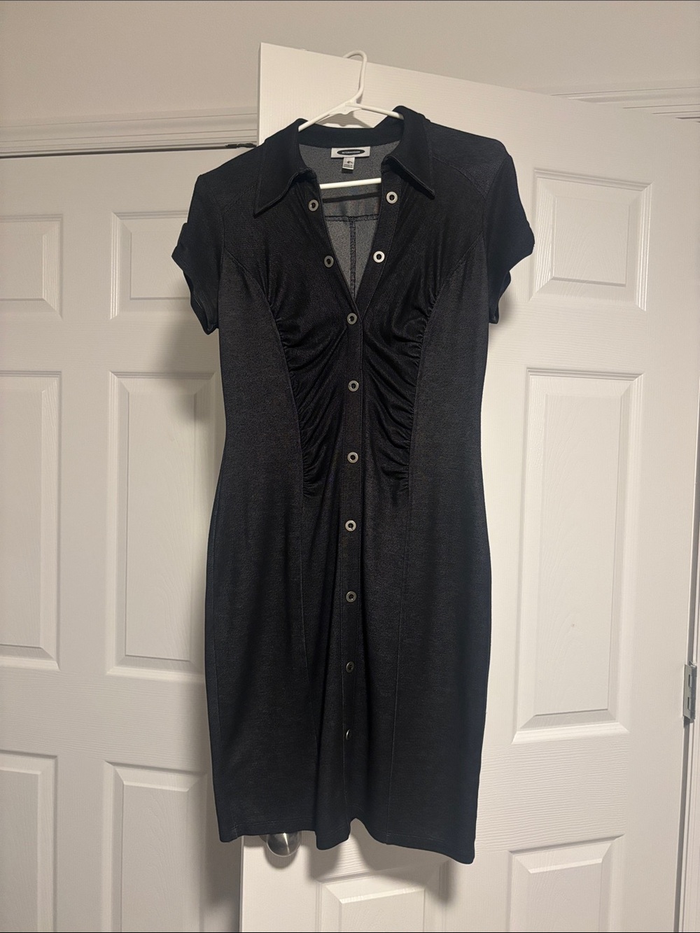 Classic Black Button-Front Midi Dress with Ruched Bodice
